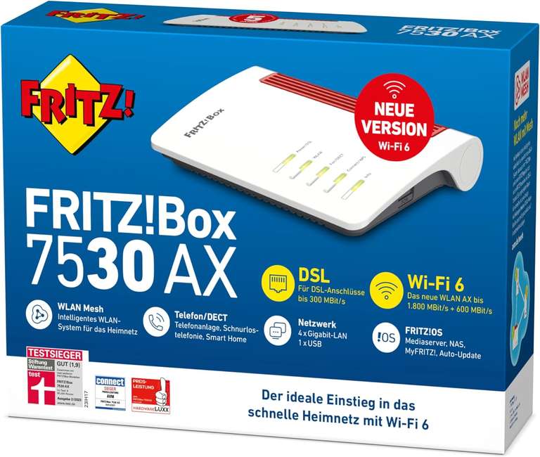 AVM FRITZ!Box 7530 AX (DSL, WLAN AX, Wi-Fi 6, Mesh, DECT-Basis, Telefonie, 4x Gigabit LAN, Mediaserver, NAS, Smart Home)