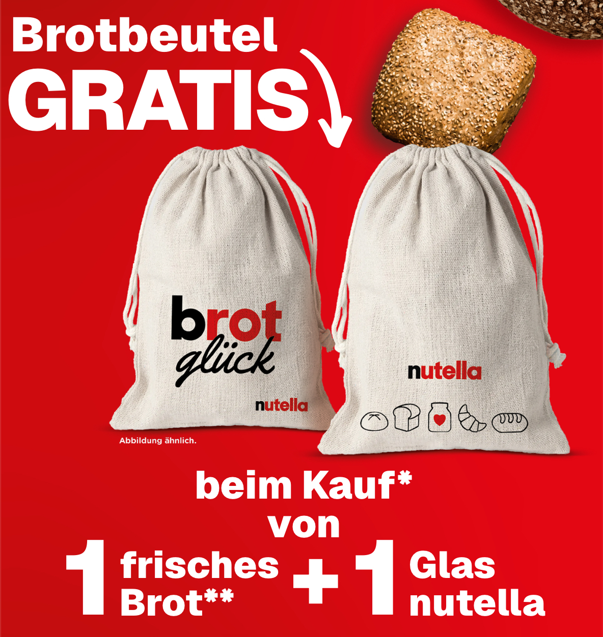 Nutella Brotbeutel Gratis bei Kauf von Backwaren/Brot + Glas Nutella | verschiedene Designs
