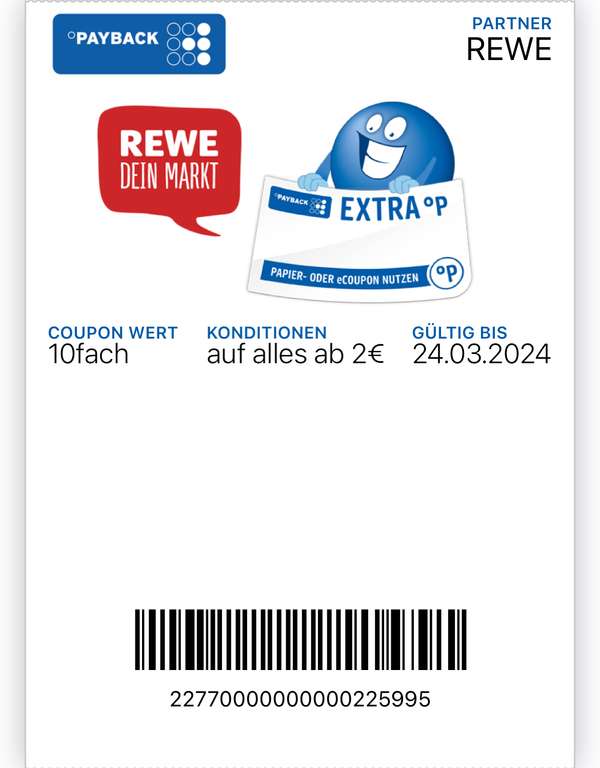 [Payback] 2x 10fach Punkte für Rewe ab 2€ Einkaufswert | gültig bis zum 24.03.2024