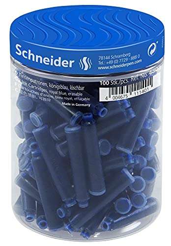 Schneider 6803 Tintenpatronen (Standard Patronen für Füller, löschbar) königsblau, 100 Stück | Prime