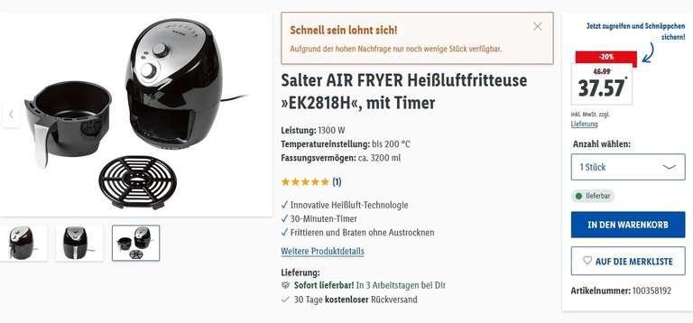 Salter AIR FRYER Heißluftfritteuse »EK2818H«, mit Timer , 1300W, 3.2 Liter, 37.57 Euro möglich