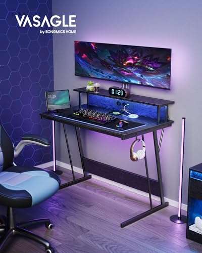 VASAGLE Gaming-Tisch mit LED-Beleuchtung, Steckdosenleiste, für 2 Monitore geeignet, 60 x 100 x 76 cm, in klassikschwarz