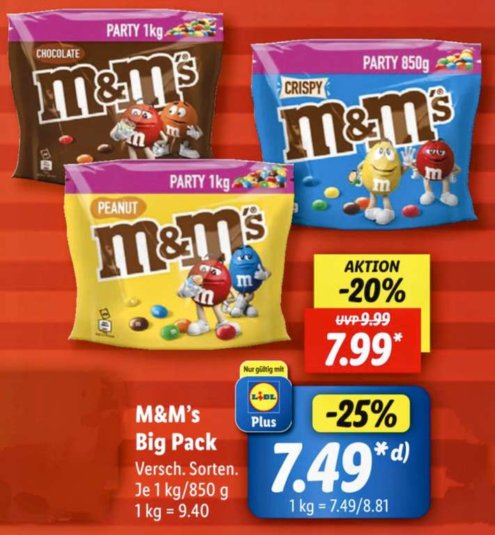 Lidl: M&M's 1kg Peanut/Chocolate Packung (oder 850g Crispy) für 7,49€ mit Lidl Plus oder 7,99€ ohne Plus (ab 26.10)