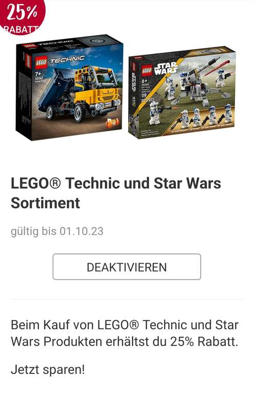 25% auf alle LEGO Technic und Star Wars Produkte (+10% auf alles) bei Rossmann