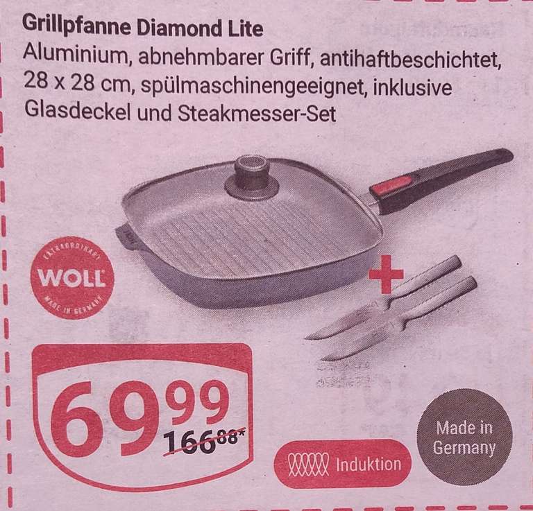 Woll Diamond Lite Grillpfanne eckig 28x28cm inkl 2 Edge Steakmesser und Glasdeckel, Globus Supermarkt
