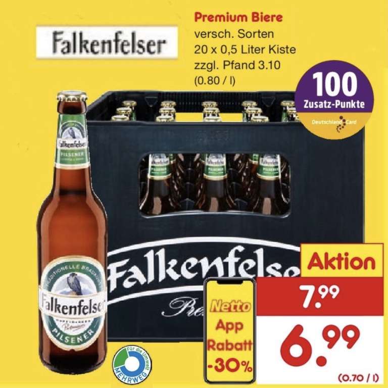 FALKENFELSER div. Premium Biere 20x 0,5l für rechn. 5,99€ mit DeutschlandCard & App bei NETTO MD