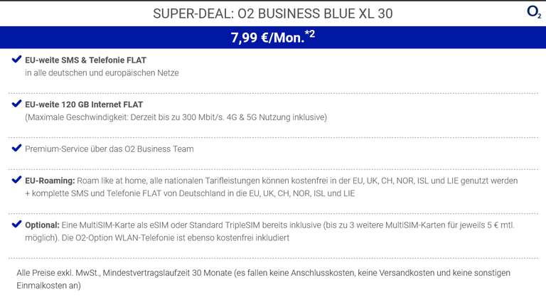 [Gewerbe] Super-Deal: O2 Business Blue XL 30 | MultiSIM, 120GB-Tel.-SMS-Flat, eff. 7,99€ mtl. netto, 30 Monate MVLZ