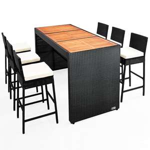 Polyrattan Bar-Set 7-tlg. Tisch + Stühle Akazienholz inkl. Sitzauflagen