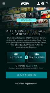 WOW TV/Sky Ticket Serien/Filme/Sport (12 Monats-Abo) für 29,97€ mtl.