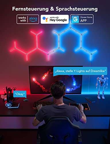 Govee Glide Y Lights, RGBIC LED Gaming Lights, Smart Home DIY Kreative Deko Lights mit Musik Sync & 40+ Szenenmodi, Wi-Fi Wandleuchten