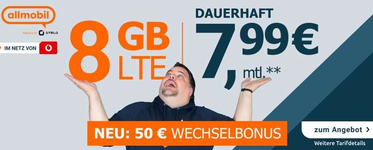 [Vodafone-Netz] 8GB(LTE 21,6 Mbit/s) für 7,99€/Monat DAUERHAFT inklusive Allnet/SMS-Flat