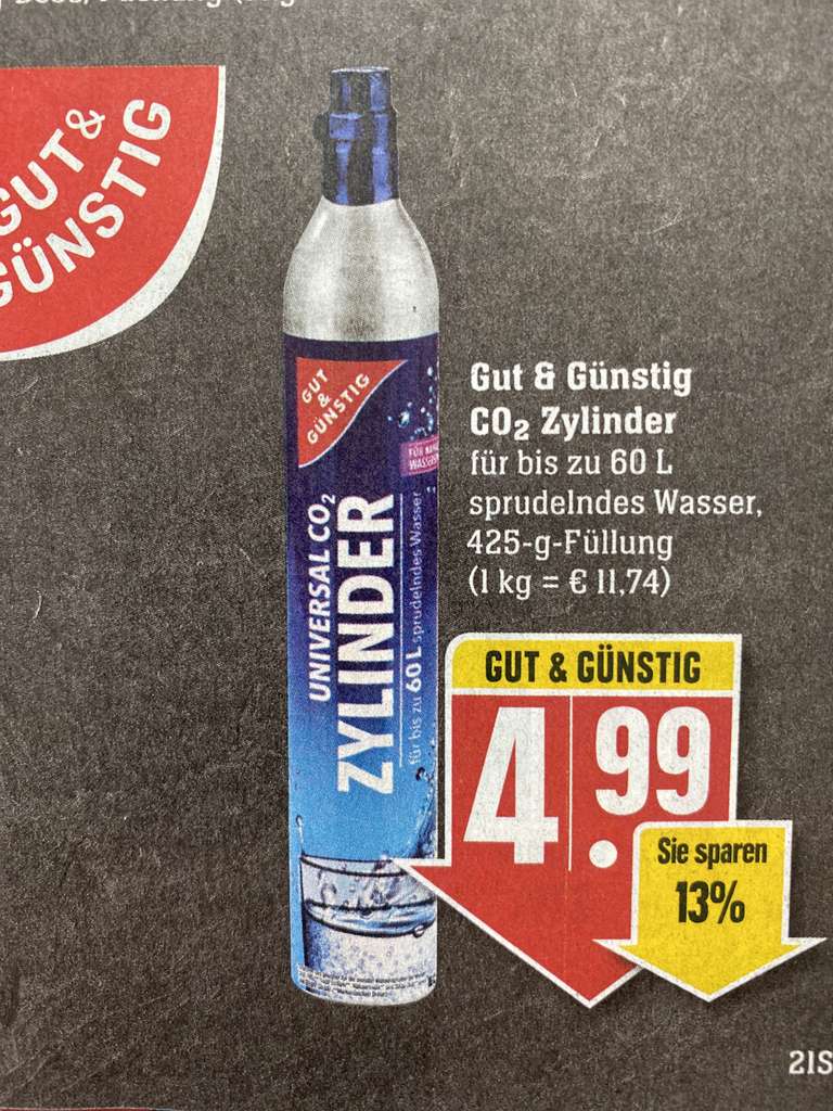 [EDEKA] GUT & GÜNSTIG Universal CO₂-Zylinder Tausch / Füllung 425g Kohlensäure (CO2) für bis zu 60 Liter Tauschzylinder Schraubverschluss