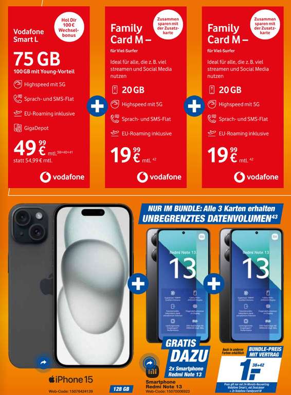 Lokal, Expert bundesweit: 3 x Vodafone Allnet/SMS Flat Unbegrenzt 5G Daten 84,97€/Monat & iPhone 14 & 100€ RNM & 222€ Gutschein