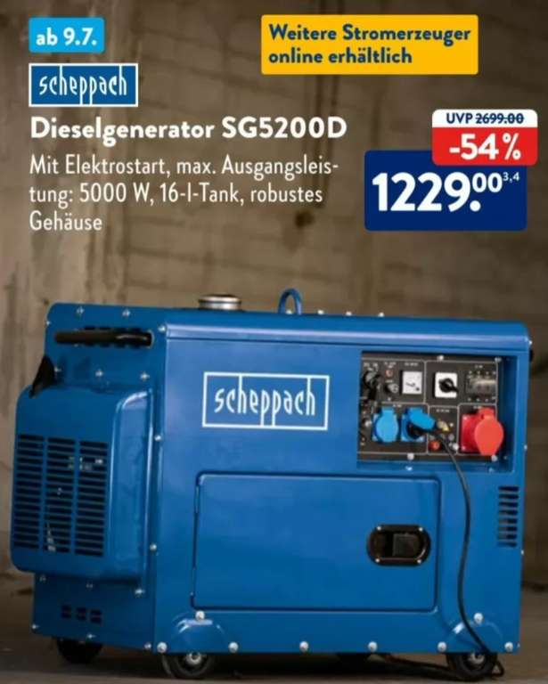 [ALDI ONLINE] Scheppach 5000W / 5,7kW Peak Dieselgenerator SG5200D mit 16-Liter Tank für 1229€ / bei ⅔ Last ca. 1,43 l/h [ab 10.07.2023]