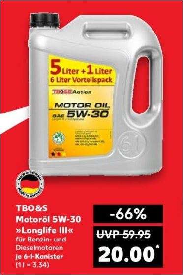 TBO&S 5W30 Longlife III Motoröl VW 504/507, 6 Liter für 20 Euro [Kaufland lokal]