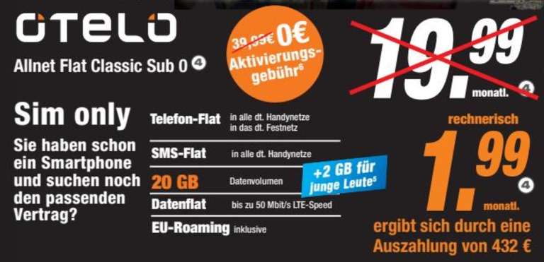 Vodafone Netz für 1.99€/2,99€ pro Monat 20GB LTE Otelo Sim Only mit Allnet Flat Classic [Lokal NRW]