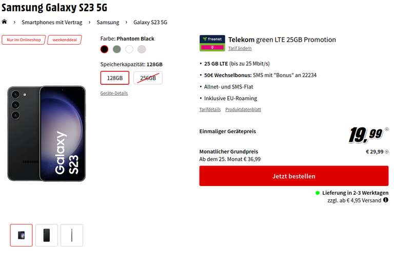 Telekom Netz: Samsung Galaxy S23 128GB – Allnet/SMS Flat, 25GB LTE – 29,99€ mtl.,19,99€ ZZ + 50€ Wechselbonus