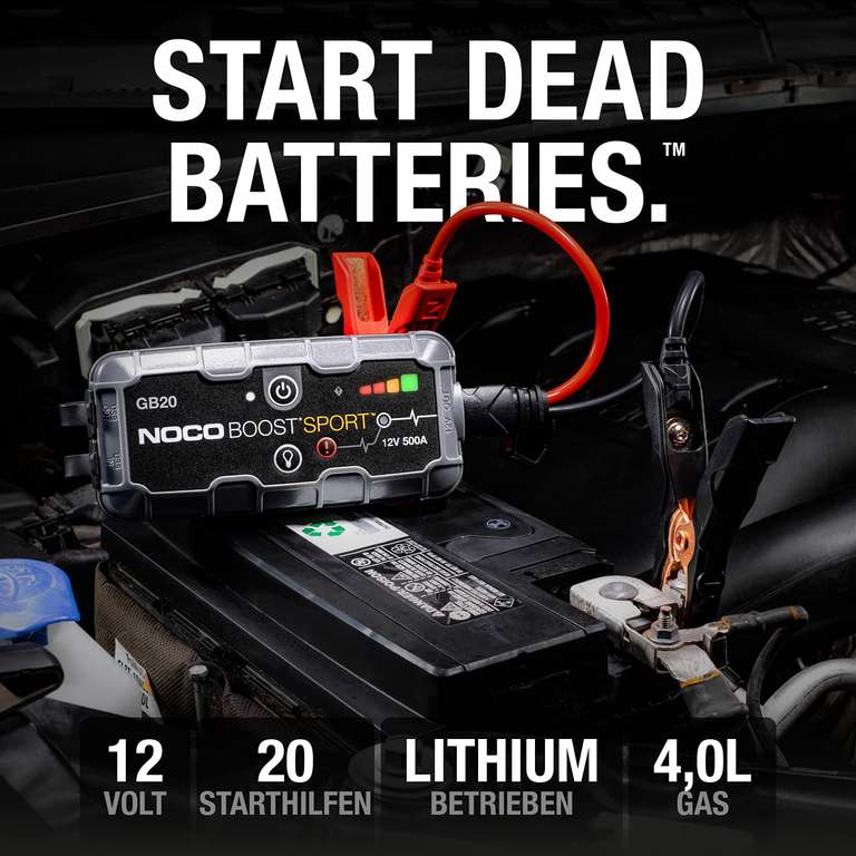 NOCO Boost Sport GB20 500A, 12V Starthilfe Powerbank, Lithium-Starthilfebox, Kfz-Batterie-Booster für Benzinmotoren bis zu 4,0L Hubraum