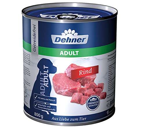 Dehner Premium Hundefutter Adult, Rind oder Rind & Wild je 6 x 800 g (4800 g) für 9,99€ (Prime)