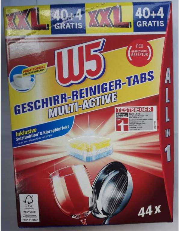 Lidl ab heute: Die Testsieger W5 44Stück Spülmaschinen-Reiniger Tabs durch gratis Zugabe von 4 Tabs günstiger, "All in 1"