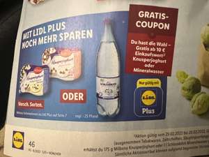 [Lidl Plus vom 25.02 bis zum 26.02.2022] Gratis Knusperjoghurt oder Wasser ab 10 Euro Einkaufswert