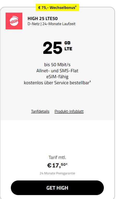 Telekom Netz, Sim Only: High Mobile Allnet/SMS Flat 25GB LTE bis 50Mbit/s, VoLTE/Wifi Calling 17,50€/Monat, 0€ AG, eff. 13,50€ durch Bonus