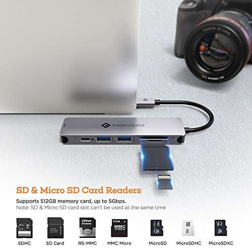 NOVOO USB C Hub 6 Port Aluminium USB C Adapter mit HDMI 4K, 2 USB 3.1, Type C PD 60W (20V,3A), SD/Micro SD