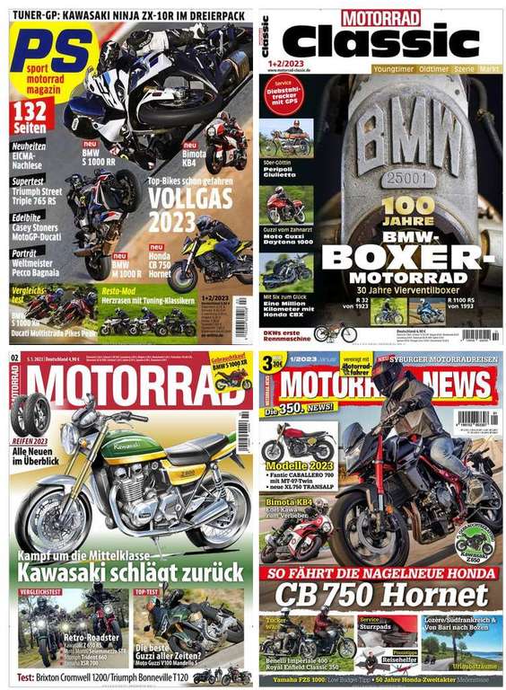 5 Motorrad Magazine im Abo: Motorrad für 134,10€ + 90€ BestChoice | PS für 56€ + 30€ Amazon | MotorradClassic für 65€ + 30€ Amazon