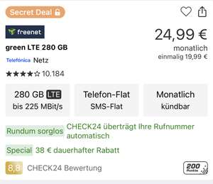 O2 Freenet Green LTE 280 GB - Monatlich Kündbar - monatlich 24,99 - einmalig 19,99 Anschlussgebühr