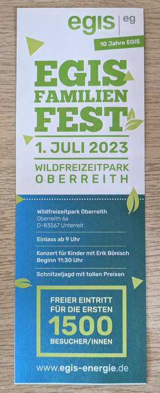 EGIS Familienfest zum 10-jährigen Jubiläum: 1500mal kostenloser Eintritt zum Wildfreizeitpark Oberreith am 01.07. (Mühldorf/ Altötting)