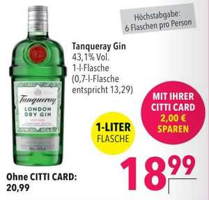 Tanqueray London Dry Gin 43,1% 1L für 18.99€ entspricht 13,29€ für 0,7L [Citti Märkte]