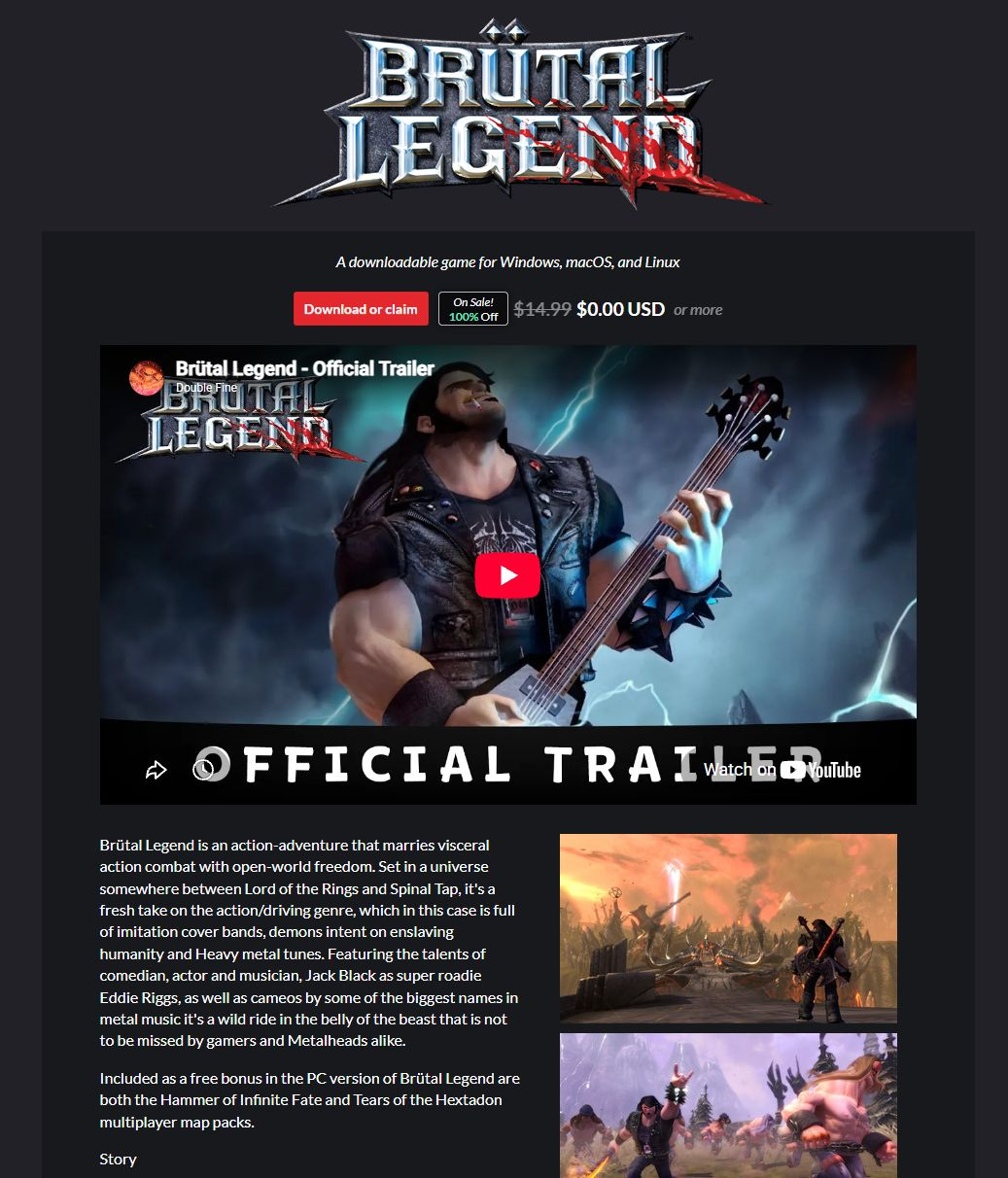 [PC, macOS, Ubuntu] Brutal Legend ~666 Minuten kostenlos auf Itchio (zu Ehren von Tim Curry)