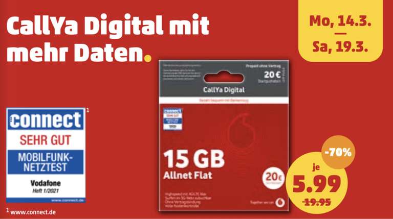 [PENNY] Prepaid Vodafone CallYa Digital Allnet Flat + 15GB + 20€ Startguthaben (offline)