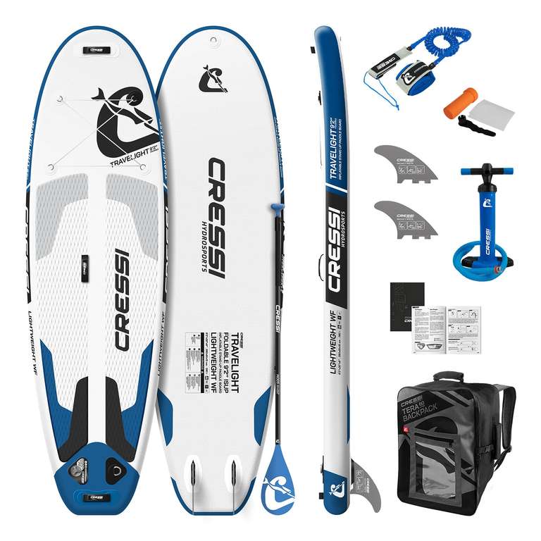 Antizyklisch kaufen: Cressi Isup SUP Board Kit in Weiß/Blau 9'2'' (Travelight SUP-Board, SUP-Paddel, Mini Quick Skeg Finnen, Rucksack uvm.)