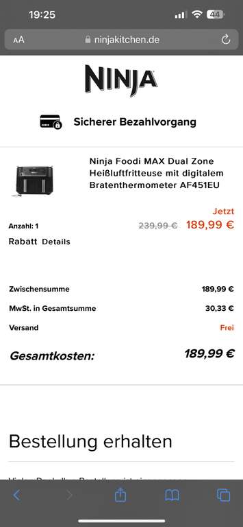 Ninja Foodi MAX Dual Zone Heißluftfritteuse mit digitalem Bratenthermometer AF451 (effektiv 181€)