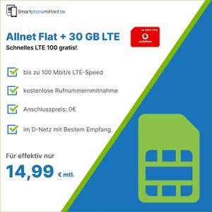 Vodafone Netz, Sim Only: Klarmobil Allnet/SMS Flat 30GB LTE bis 100Mbit/s für 14,99€/Monat, 0€ AG, esim kostenlos, VoLTE/Wifi Calling