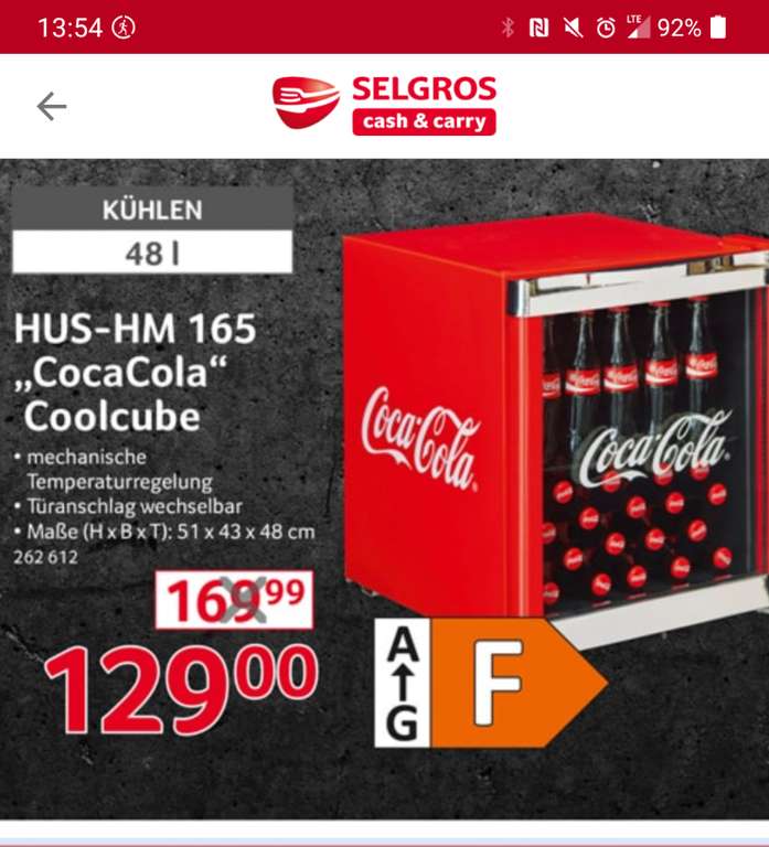 Coca Cola Cube Kühlschrank über CB mit Selgros Befugnis