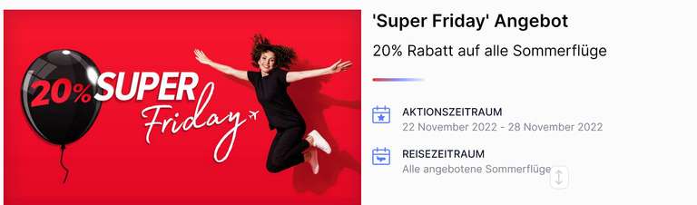 'Super Friday' Angebot 20% Rabatt auf alle Sommerflüge (1. April 2023 - 31. Oktober 2023)