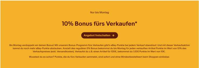 eBay: 10% Bonuspunkte fürs Verkaufen - 24.06 bis 27.06.2022 (personalisiert)
