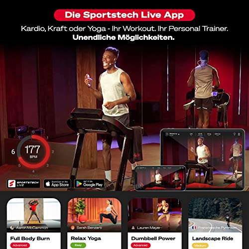 Sportstech F37s Profi Laufband Deutsche Qualitätsmarke- Selbstschmiersystem,APP Kinomap, 7PS bis 20 km/h. Bluetooth MP3, große Lauffläche,
