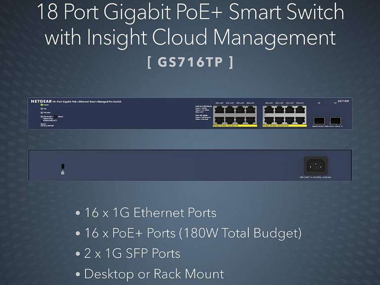 Netgear Smart Managed Pro Switch GS716TP (16x Gigabit-Ethernet, 2x 1G-SFP, PoE+)