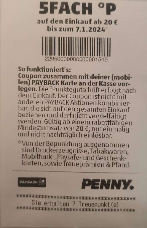 Penny Payback 5-Fach Punkte ab 20€ bis 7.1.2024