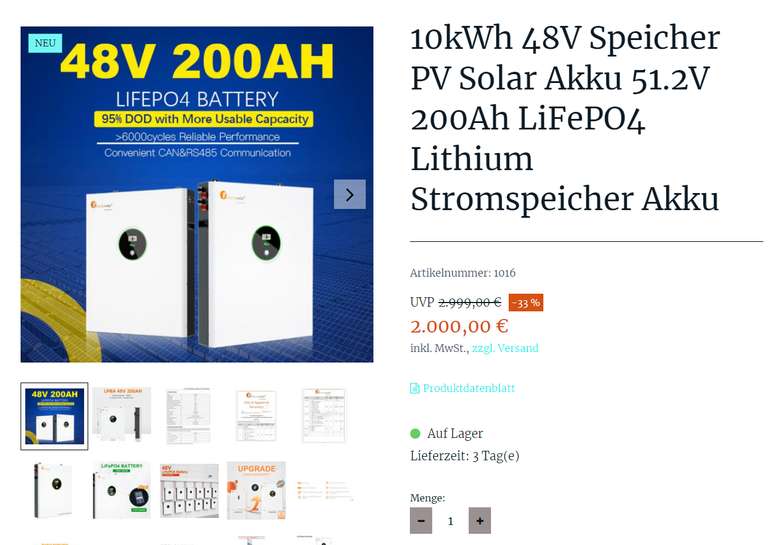 10kWh 48V Speicher PV Solar Akku 51.2V 200Ah LiFePO4 Lithium Stromspeicher Akku (Abholung in 39576 Stendal oder + 80€ Versand)