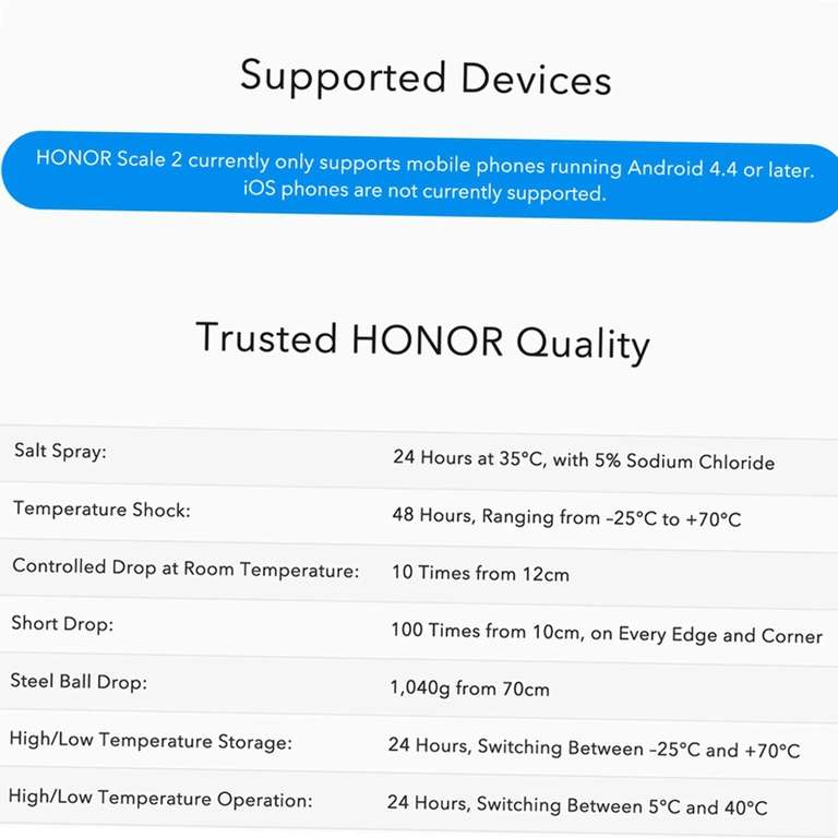 Honor Scale 2 Körperanalysewaage (bis 150kg, 100g Abstufung, 14 Messwerte, Herzfrequenz, Bluetooth, App, 3x AAA notwendig)