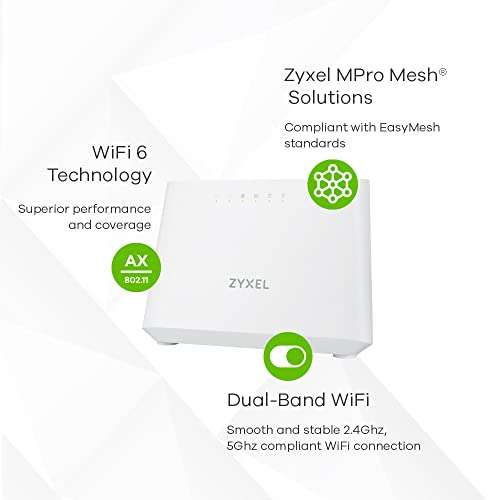 Zyxel WiFi 6 AX1800 Dual-Band Wireless Router | 1.200 MBit/s 5GHz | 600 MBit/s 2,4GHz | EasyMesh | VDSL2/VDSL/ADSL [EX3301-EU]