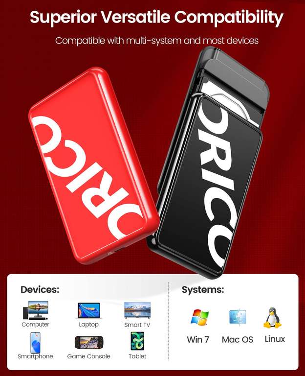 (PRIME) ORICO Festplattengehäuse 2,5 Zoll, 5Gbps USB 3.0 Festplatten Externes Gehäuse für 9.5mm 7mm 2.5 Zoll SATA SSD HDD bis zu 8 TB