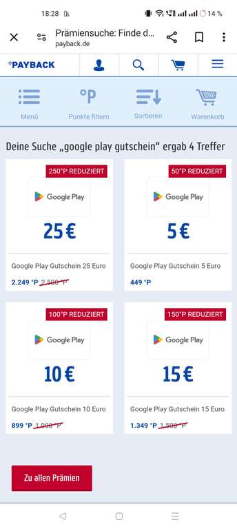 Google Play Guthaben über Payback Punkteshop mit 10%