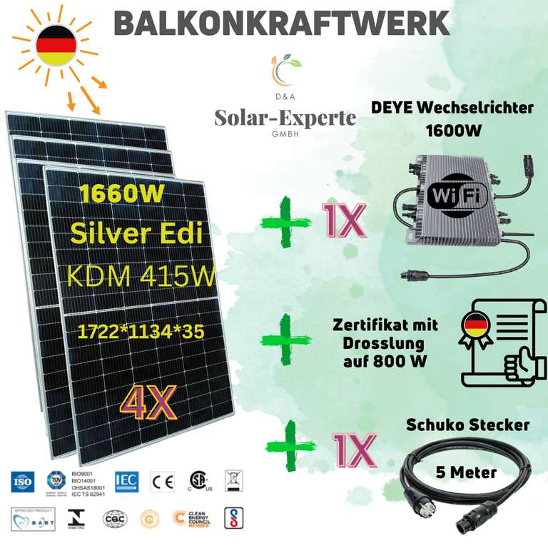Balkonkraftwerk 1640 Watt + Wi-Fi + 4 Solar Module + Kabel + Drosslung auf VDE 800/600 Watt+ kostenloser Versand