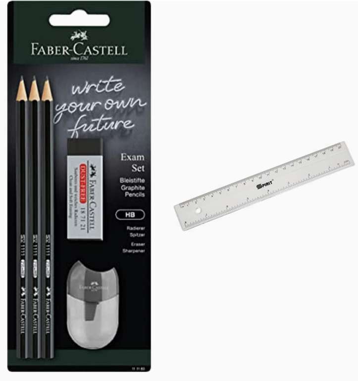 Faber-Castell - Bleistiftset Exam, 3x Bleistiften HB + Spitzer + Radierer & Lineal 20cm Transparent [Amazon Prime]