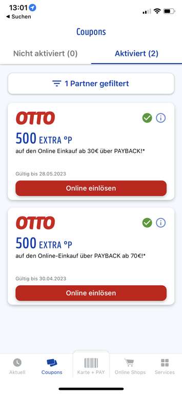 Payback (personalisiert) Otto 500 Punkte ab 30 Euro Einkaufswert in der App